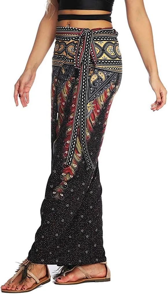 Women's Boho Bohemian Hippie Skirt Long Maxi Print Wrap Skirt Cover up Maxi Asymmetrical Summer Beach Skirt One Size