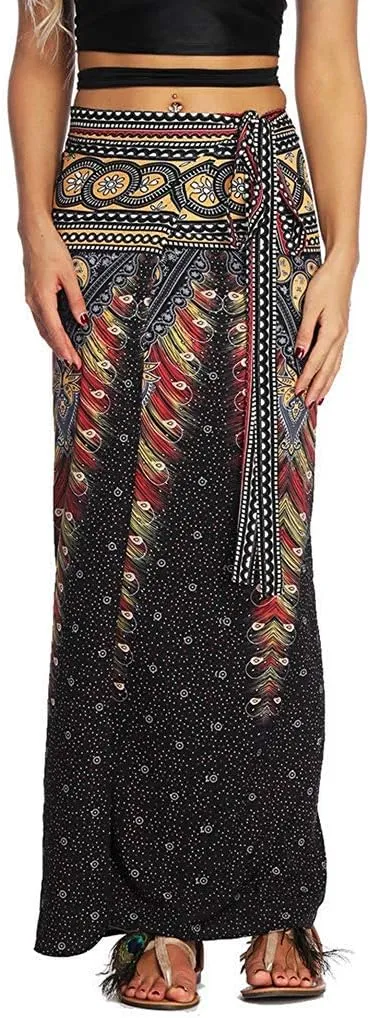 Women's Boho Bohemian Hippie Skirt Long Maxi Print Wrap Skirt Cover up Maxi Asymmetrical Summer Beach Skirt One Size