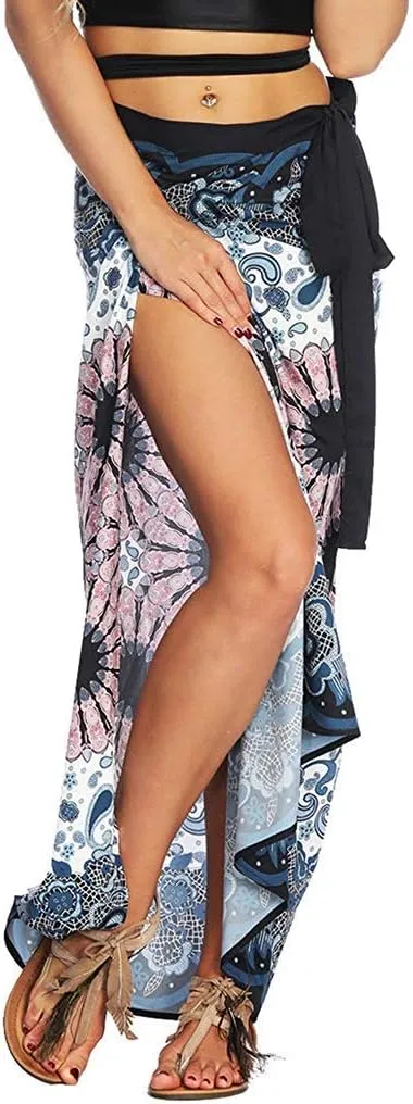 Women's Boho Bohemian Hippie Skirt Long Maxi Print Wrap Skirt Cover up Maxi Asymmetrical Summer Beach Skirt One Size