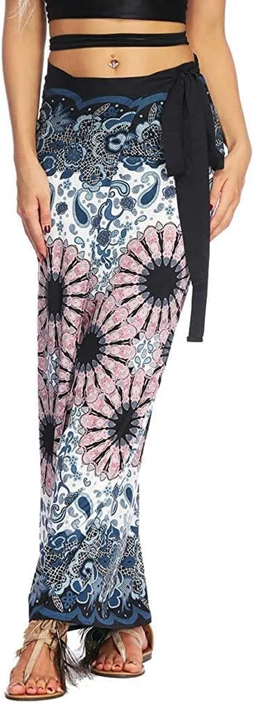 Women's Boho Bohemian Hippie Skirt Long Maxi Print Wrap Skirt Cover up Maxi Asymmetrical Summer Beach Skirt One Size