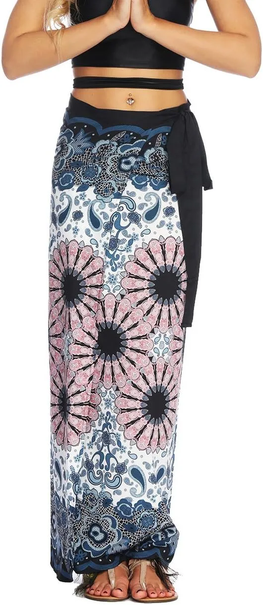 Women's Boho Bohemian Hippie Skirt Long Maxi Print Wrap Skirt Cover up Maxi Asymmetrical Summer Beach Skirt One Size
