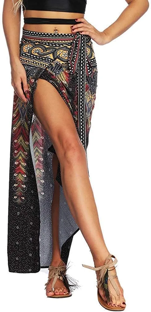 Women's Boho Bohemian Hippie Skirt Long Maxi Print Wrap Skirt Cover up Maxi Asymmetrical Summer Beach Skirt One Size