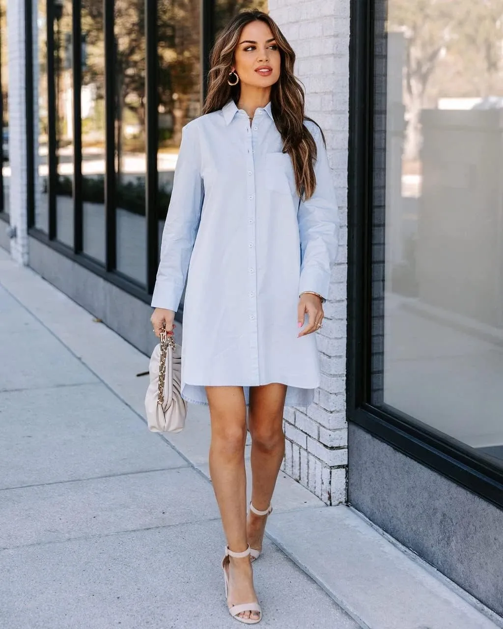 Women's Casual Button Down Shirts Long Sleeve Oversize Blouse Loose Shirt Dress with Side Pockets
