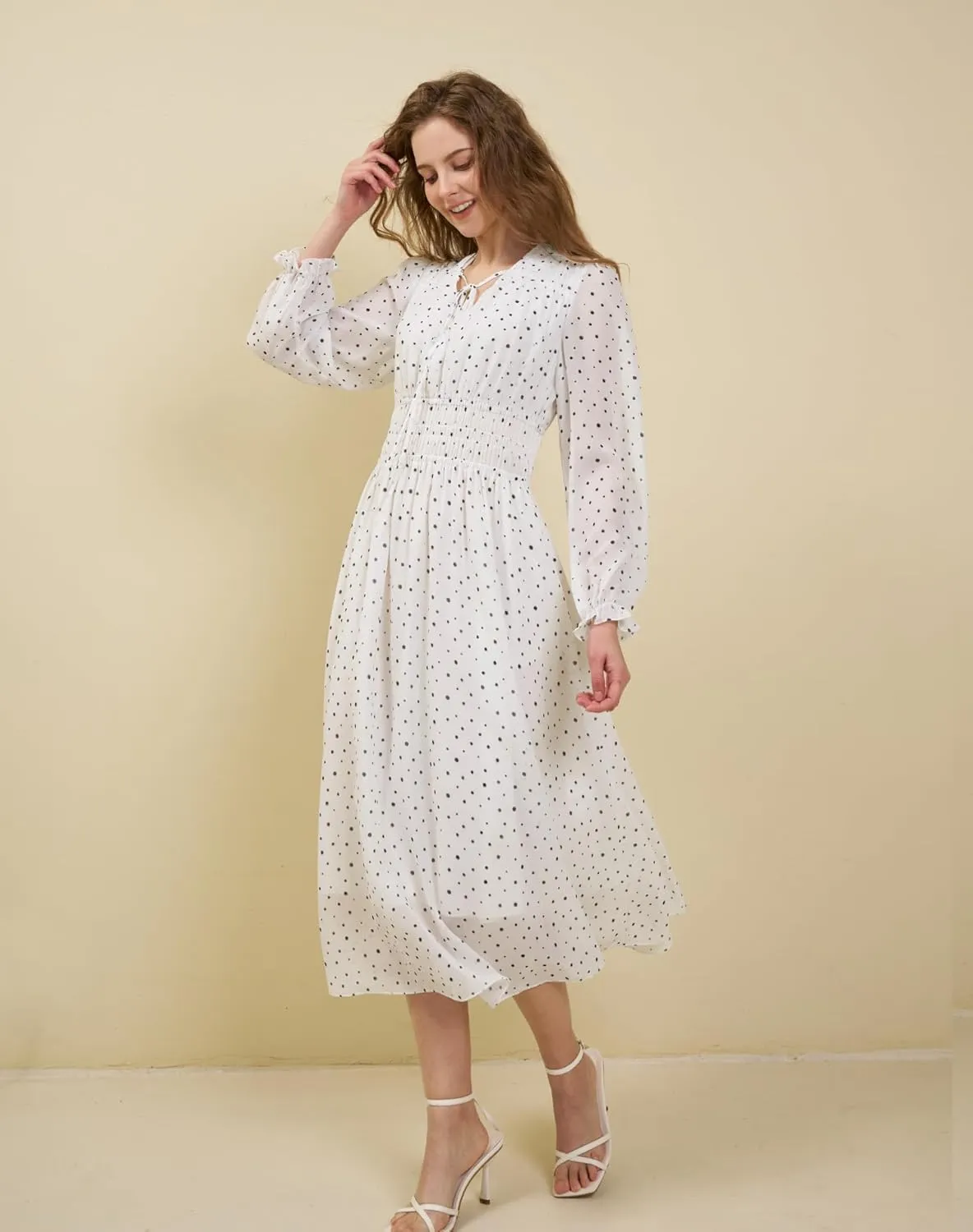 Women's Chiffon Long Sleeve Flowy Dress Spring 2025 Casual V Neck Smocked Waist Midi Dresses with Pockets