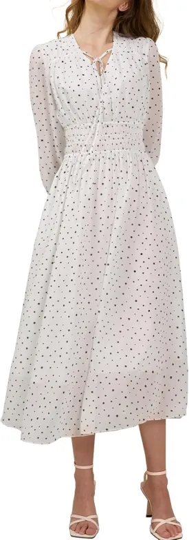 Women's Chiffon Long Sleeve Flowy Dress Spring 2025 Casual V Neck Smocked Waist Midi Dresses with Pockets