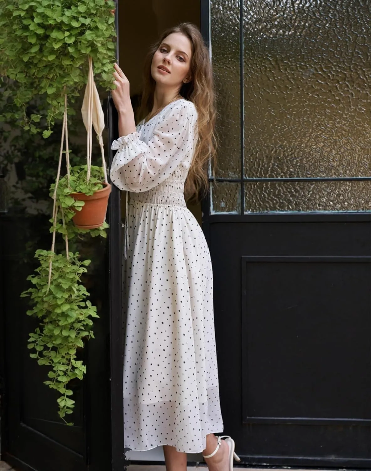 Women's Chiffon Long Sleeve Flowy Dress Spring 2025 Casual V Neck Smocked Waist Midi Dresses with Pockets