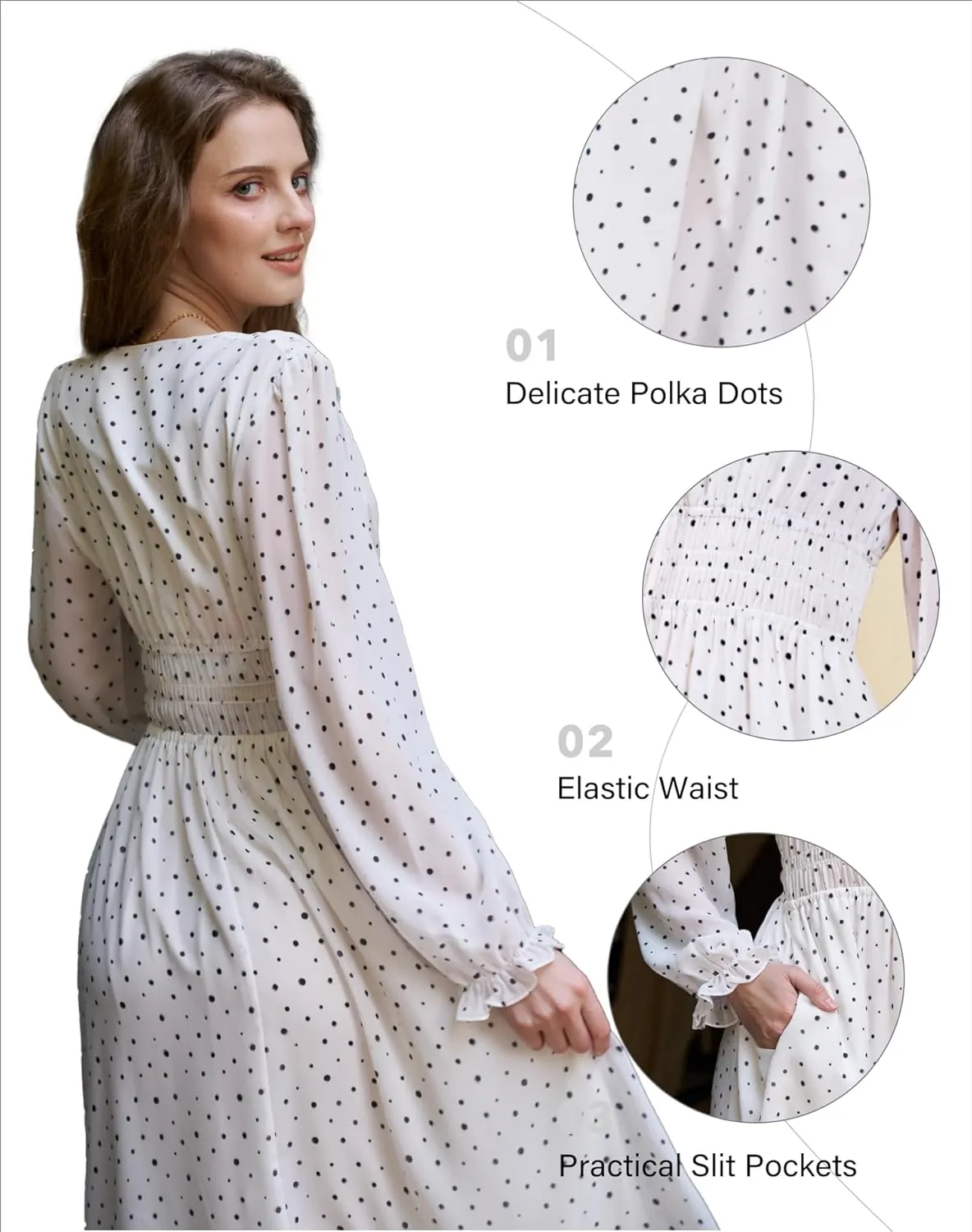 Women's Chiffon Long Sleeve Flowy Dress Spring 2025 Casual V Neck Smocked Waist Midi Dresses with Pockets