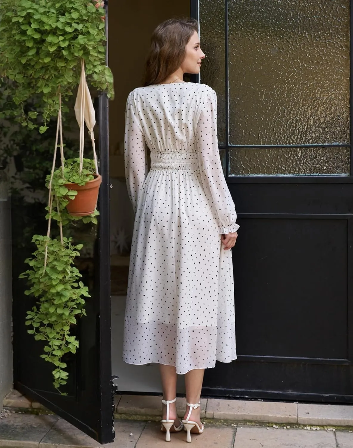 Women's Chiffon Long Sleeve Flowy Dress Spring 2025 Casual V Neck Smocked Waist Midi Dresses with Pockets