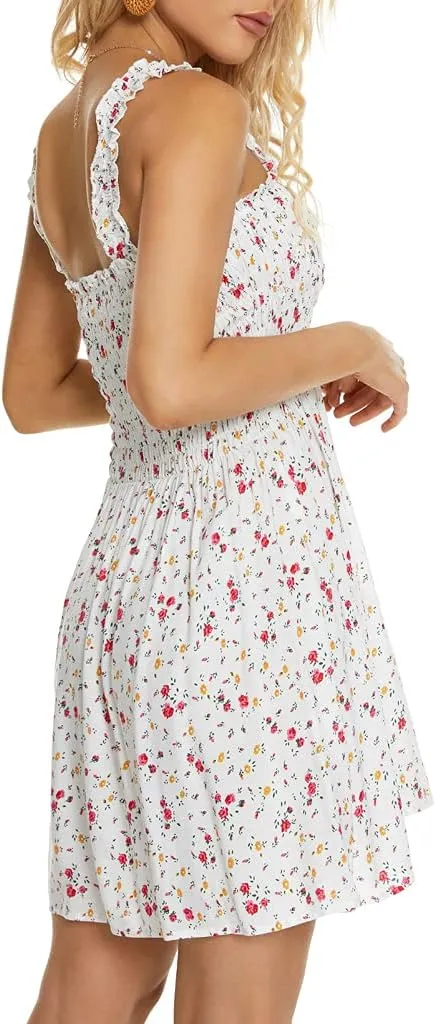Women's Cover Up Tie Shoulder Frill Smocked High Waist Dresses Tube Top Beach Mini Dress 6605