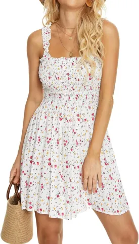 Women's Cover Up Tie Shoulder Frill Smocked High Waist Dresses Tube Top Beach Mini Dress 6605