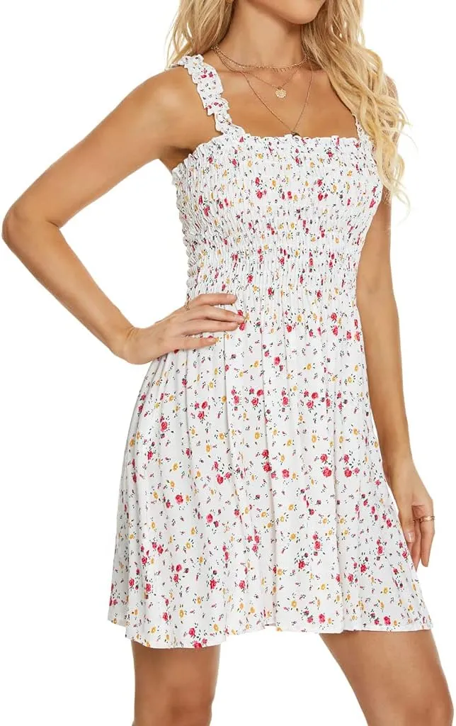 Women's Cover Up Tie Shoulder Frill Smocked High Waist Dresses Tube Top Beach Mini Dress 6605