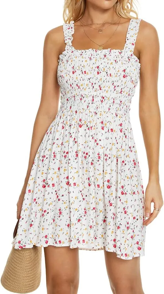 Women's Cover Up Tie Shoulder Frill Smocked High Waist Dresses Tube Top Beach Mini Dress 6605