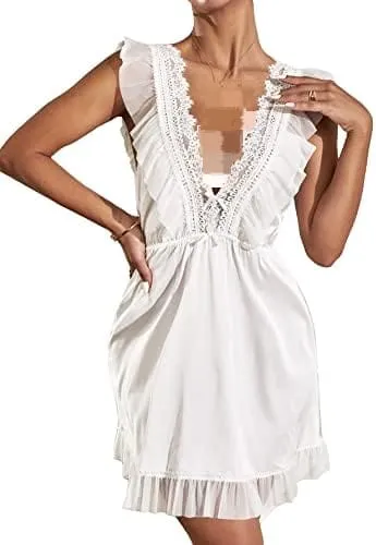 Women's Lace Trim Plunging Neck Ruffle Hem Satin Baby dolls Sleep skirt X4540471