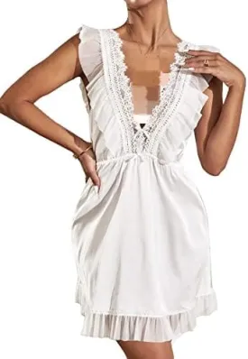 Women's Lace Trim Plunging Neck Ruffle Hem Satin Baby dolls Sleep skirt X4540471