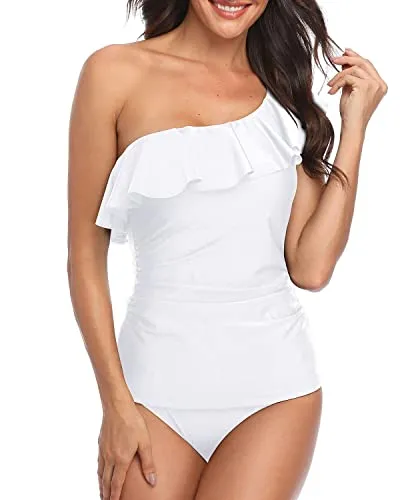 Women's One Shoulder Tankini Two Piece Swimsuits Tummy Control Ruffle Swimwear