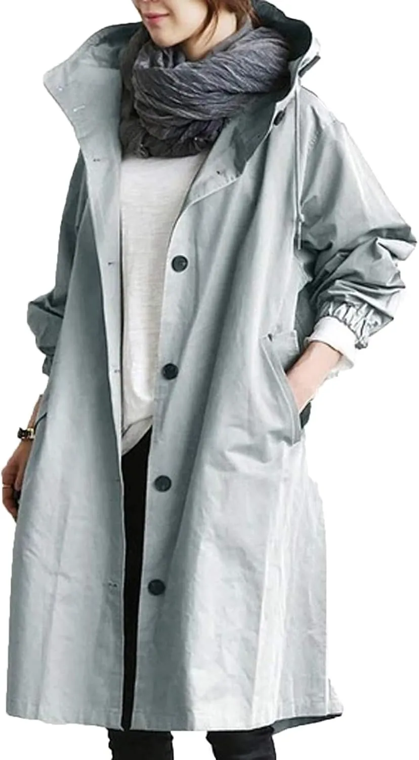 XUETON Womens Oversize Jacket Coats Outdoor Breathable Waterproof Lightweight Hooded Long Trench Coat
